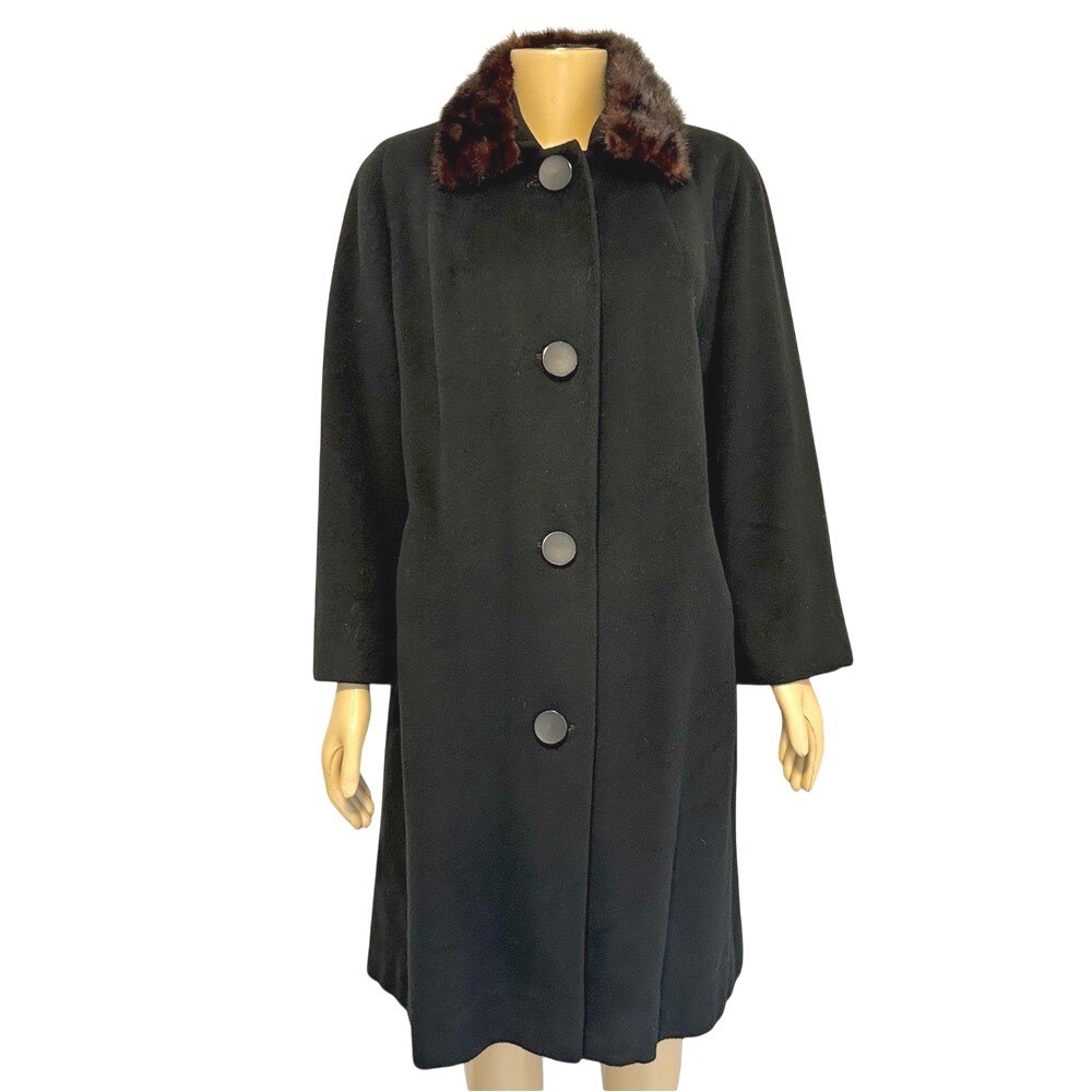 Vintage 100% Mongolian Cashmere Coat Real Fur Collar Black‎ ILGWU Union Made